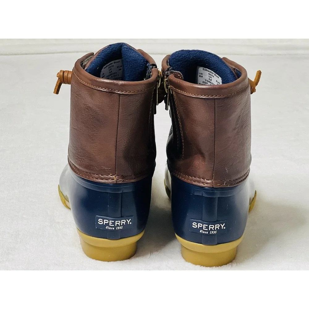 Sperry Top Sider Saltwater Duck Kids Girls Rain Ankle Boots Brown Blue‎ Size 4M